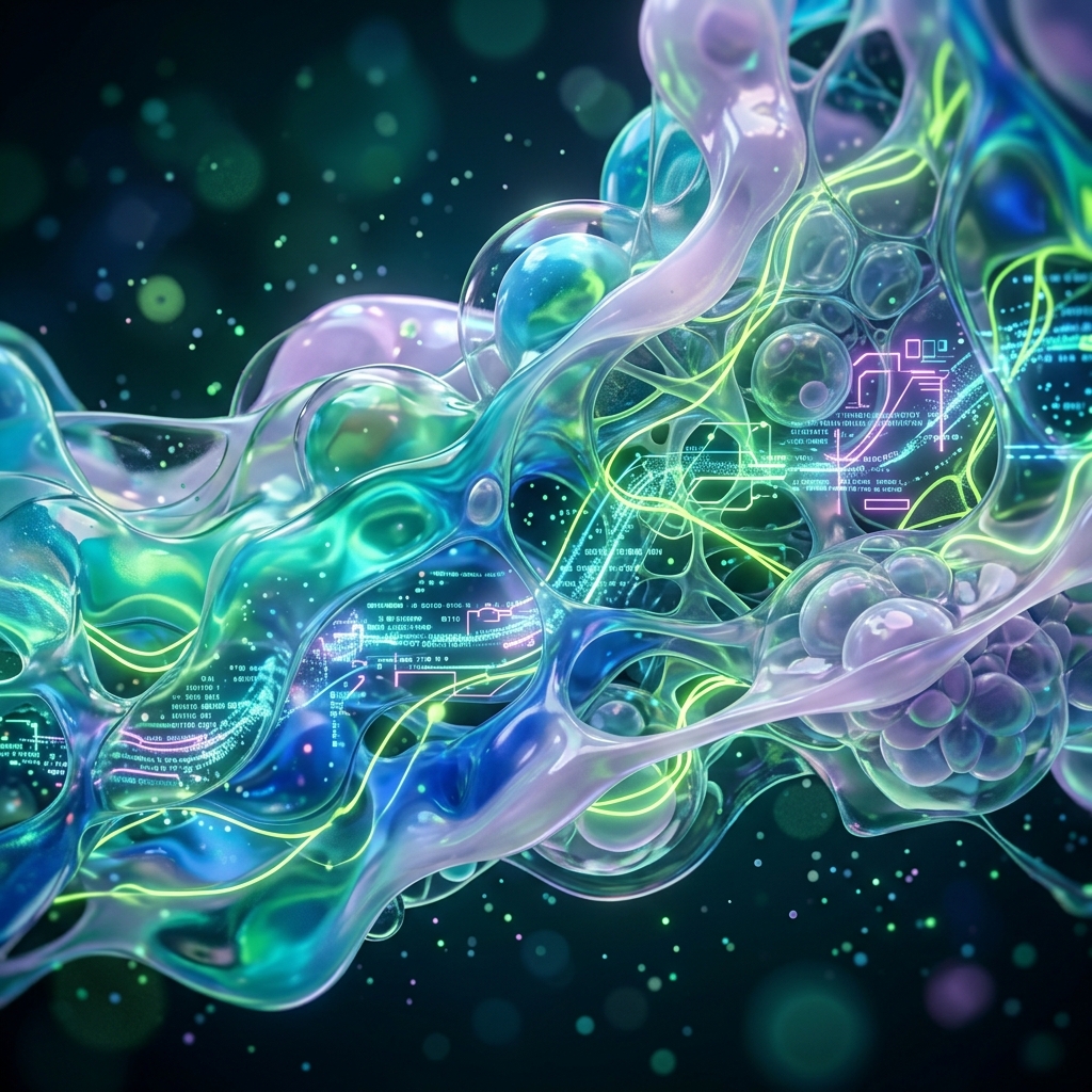 Iridescent surrealist fluid background showing data streams